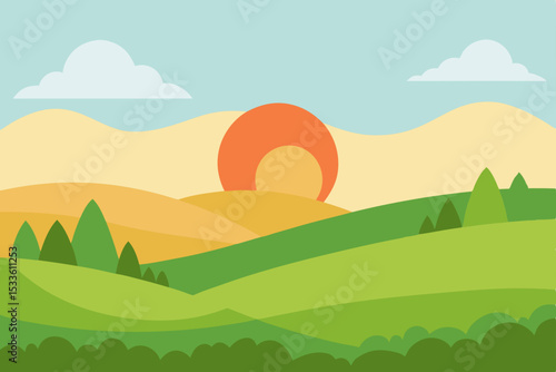 Serene Sunset Landscape Rolling Hills, Lush Greens, and Peaceful Skies