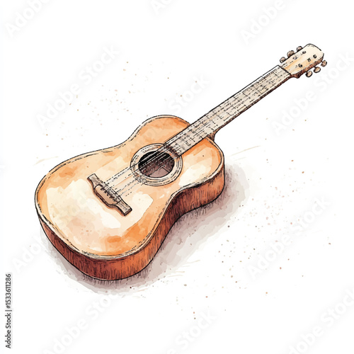 Artistic Watercolor Illustration of a Light Brown Acoustic Guitar