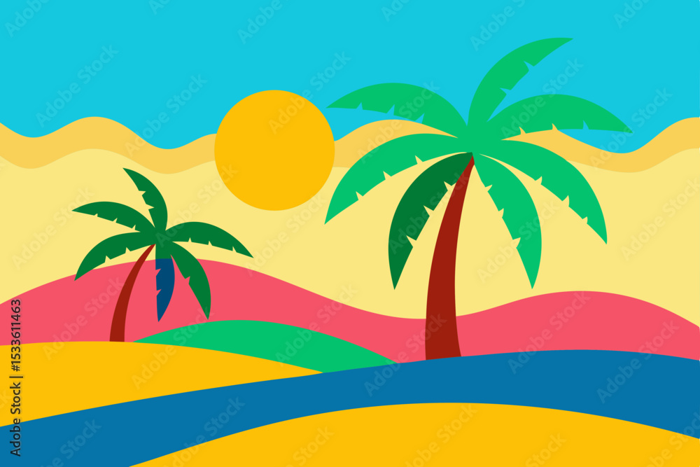 Obraz premium Vibrant Tropical Paradise Sun, Sand, and Palm Trees Illustration