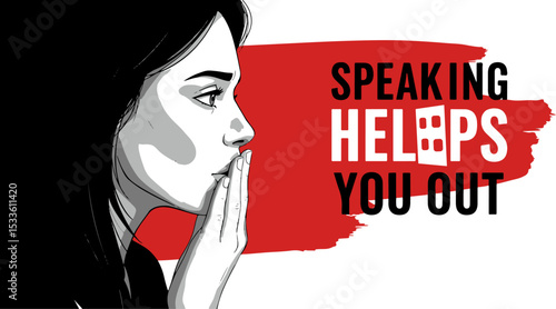Woman contemplating with hand on mouth against bold graphic background,  domestic violence  