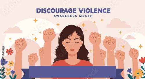 Woman standing with raised fists in support of violence awareness,  domestic violence  