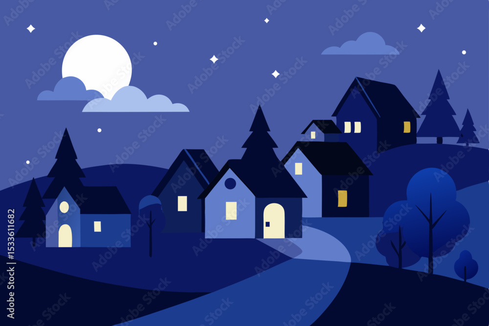 Fototapeta premium Serene Night Village Moonlit Houses and Starry Sky Illustration