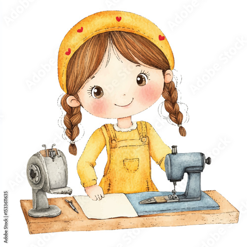 Cheerful Girl with Braids Sewing with Vintage Sewing Machine and Accessories