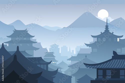 Serene Asian Cityscape Misty Mountains and Ancient Temples