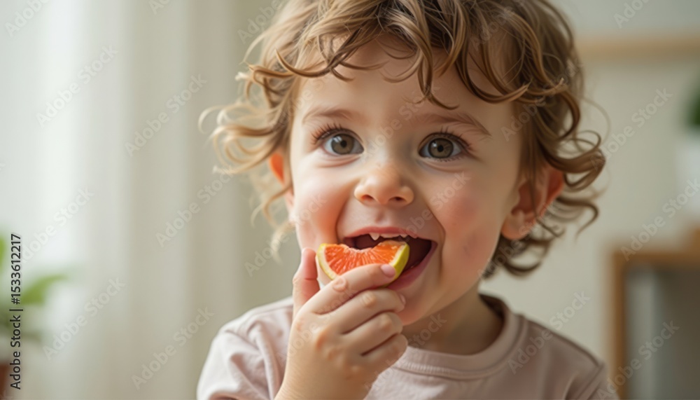 Adorable toddler enjoying a healthy snack of citrus fruit with a joyful expression Adorable toddler enjoying a healthy snack of citrus fruit with a joyful expression
