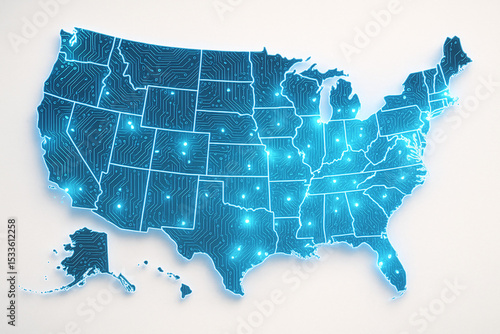 A blue united states map with circuit board design and glowing points on a white background surface