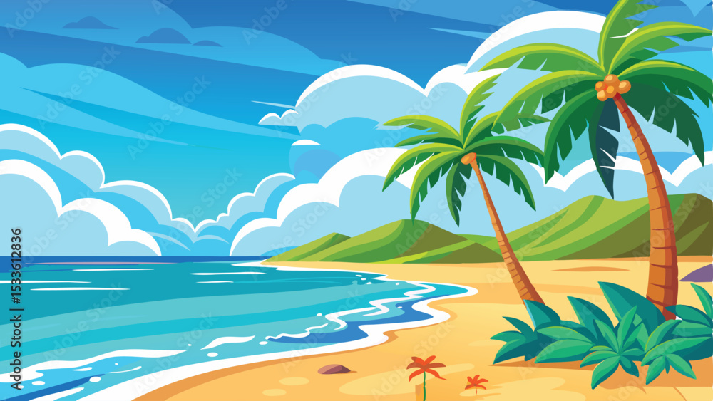 Fototapeta premium Beautiful tropical beach scene with palm trees under blue sky and fluffy clouds
