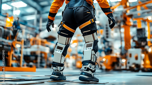 Worker in Advanced Exoskeleton Suit Operating in Industrial Factory