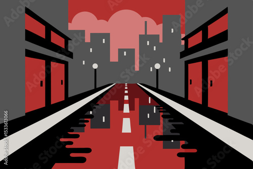 Red City Reflections A Stunning Urban Streetscape Illustration