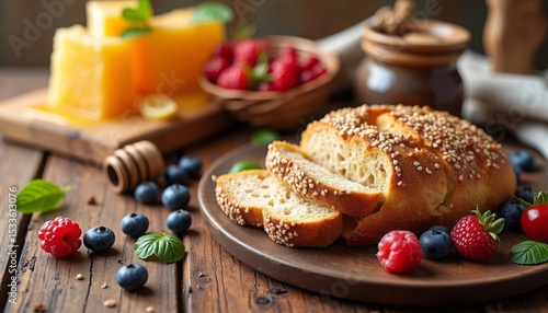 Wallpaper Mural Delicious bread with seeds, berries, and honey on a wooden table for a healthy snack Torontodigital.ca