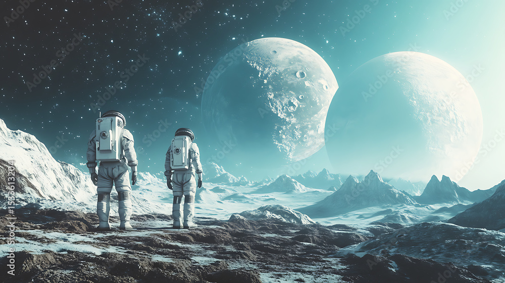 Fototapeta premium Astronauts Exploring an Alien Landscape with Twin Moons