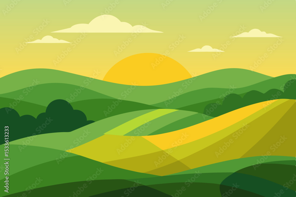 Obraz premium Serene Sunset Over Rolling Hills A Picturesque Landscape Illustration