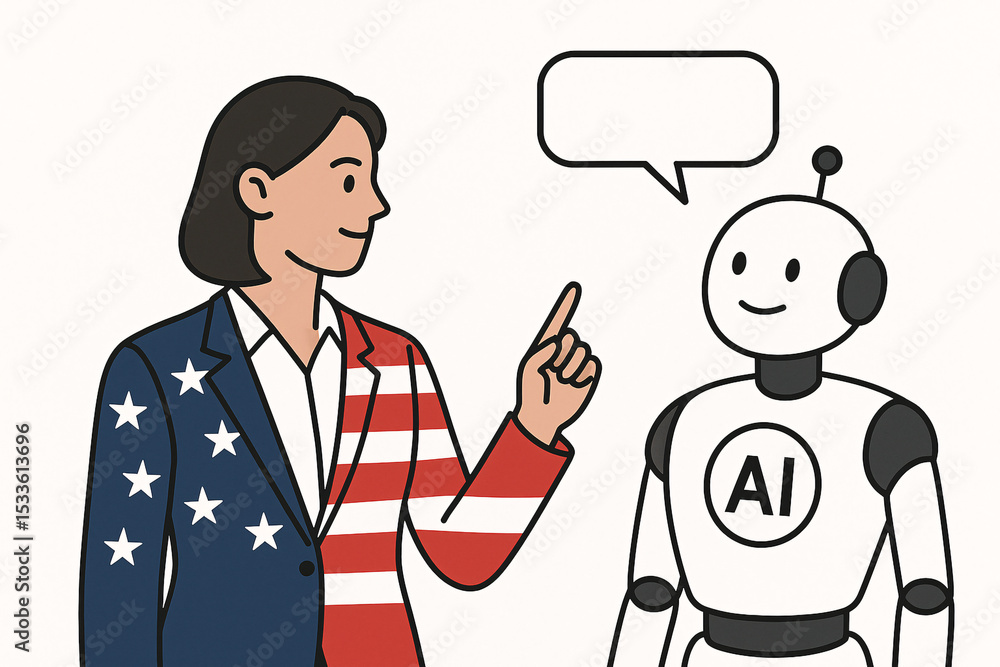 A woman in an american flag blazer talking to a robot with an ai symbol and a speech bubble above it A woman in an american flag blazer talking to a robot with an ai symbol and a speech bubble above it