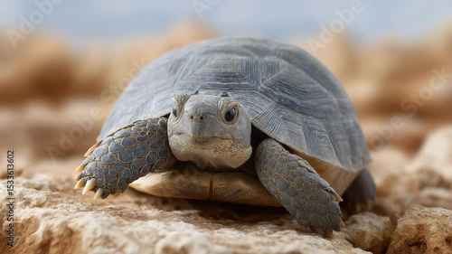 Desert Tortoise in Focus: A solitary desert tortoise, with its ancient shell, rests on a rocky surface, showcasing the resilience and wisdom of the desert wildlife.