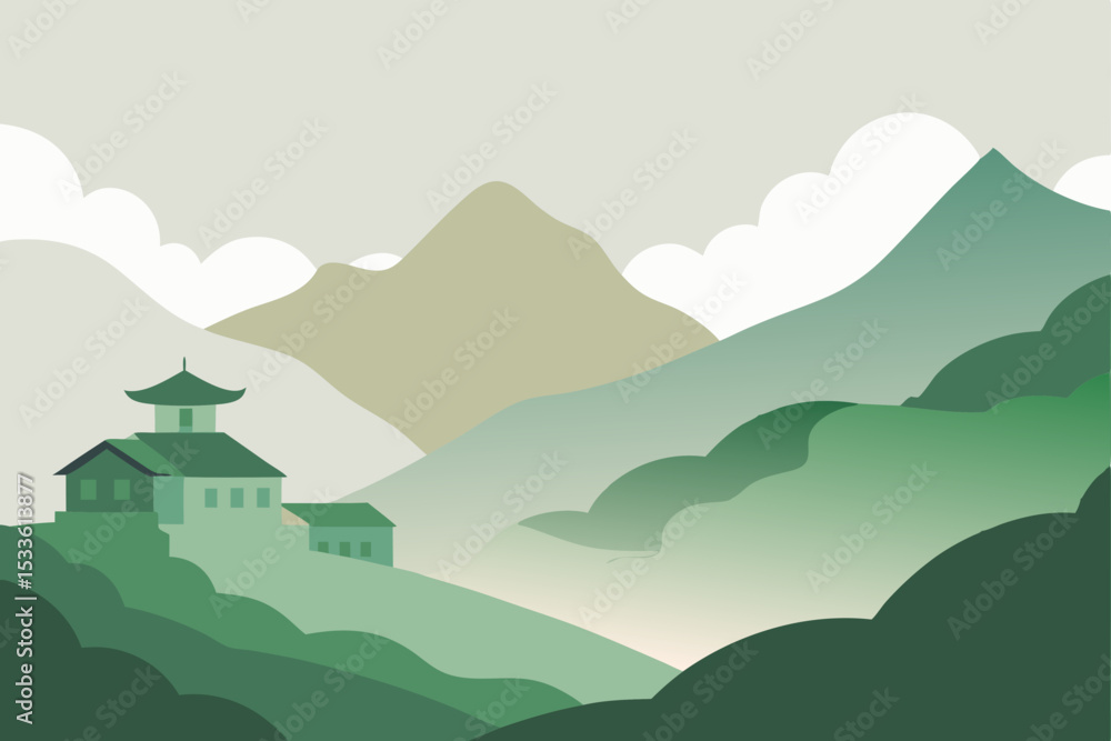 Naklejka premium Serene Mountaintop Temple A Misty Green Landscape Illustration