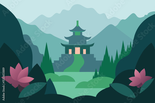 Serene Mountain Temple A Tranquil Asian Landscape Illustration