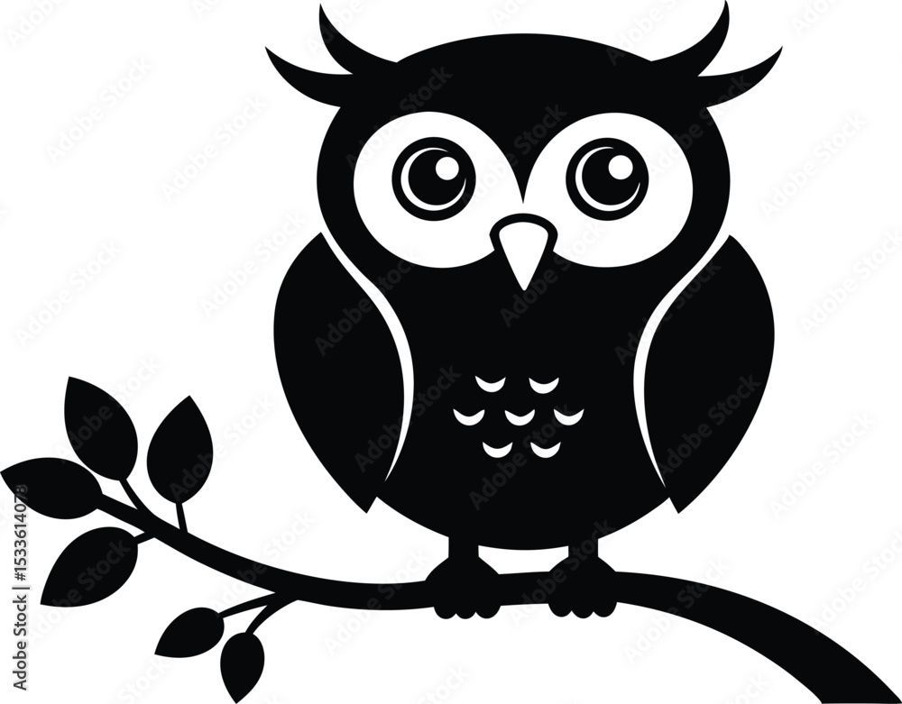 Fototapeta premium Owl with a tree branch silhouette, Elegant owl perched on a tree branch vector illustration