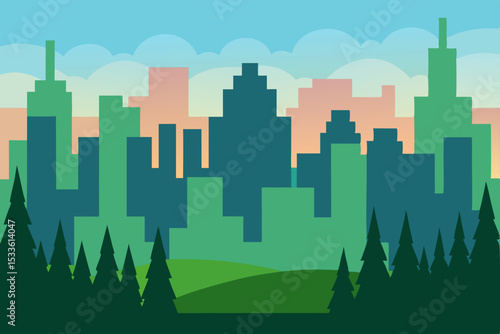 Urban Skyline at Sunrise Cityscape Illustration with Green Hills and Pine Trees