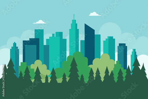 Urban Greenery City Skyline Emerging from Lush Forest
