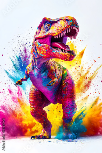 Colorful dinosaur roaring amidst a vibrant splash of paint, showcasing creativity and energy