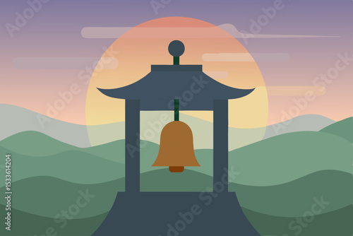 Silhouette of a woman meditating in the lotus position against a sunset sky over an ancient Asian temple and lake