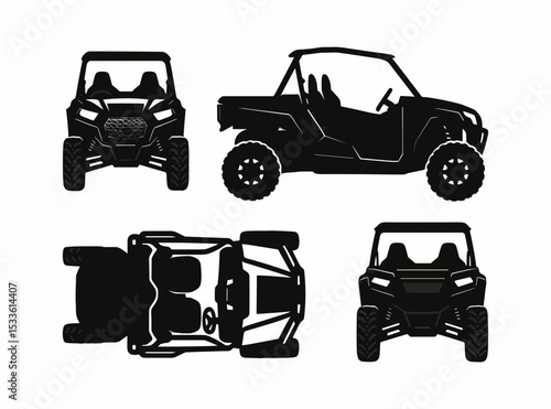 UTV Vector Silhouette Views: Front, Side, Top. Off Road Buggy