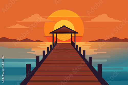 Serene Sunset Wooden Pier Leading to Tranquil Gazebo at Golden Hour