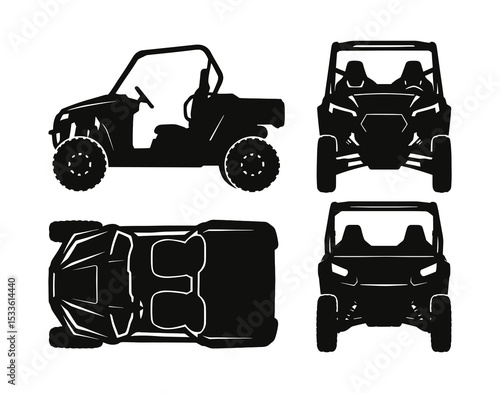 UTV Off-Road Vehicle Silhouette Views: Side, Front, and Top