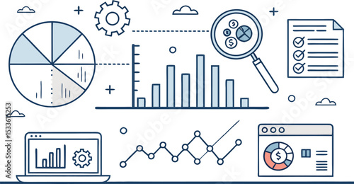 Clean linear vector icons of charts, analytics tools, and business data visualizations.