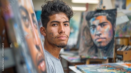 Artist surrounded by paintings