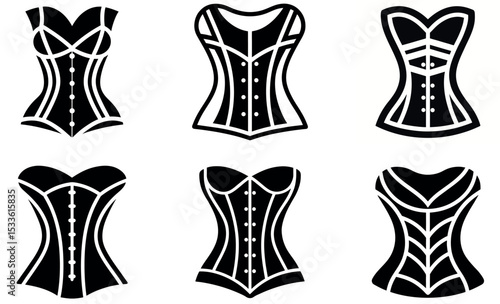 Set of Six Black Corset Illustration Designs with Button Detail Against White Backdrop