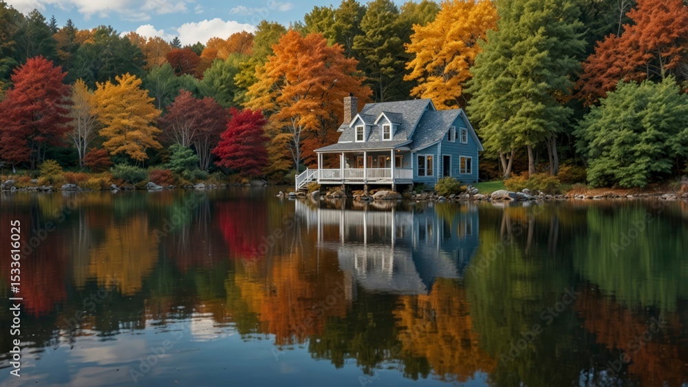 Autumn landscape with a rural house by the lake, reflecting yellow trees in the park Autumn landscape with a rural house by the lake, reflecting yellow trees in the park
