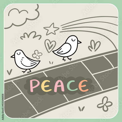 Cartoon grenade with peace graffiti on colorful urban wall  