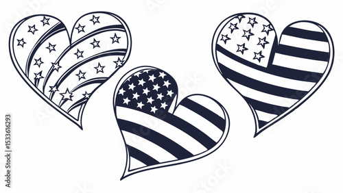 Illustration of three hearts decorated with american flag patterns in black and white color scheme design
