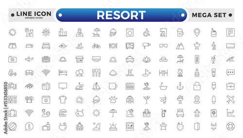 Resort Hotel web icons in outline style. Wellness, beach, tourism, hotel, passport, maps, spa, landscape, camera. Icon collection. Editable stroke outline icon.
