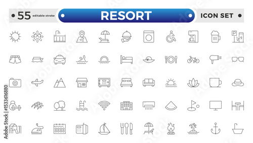 Resort Hotel web icons in outline style. Wellness, beach, tourism, hotel, passport, maps, spa, landscape, camera. Icon collection. Editable stroke outline icon.

