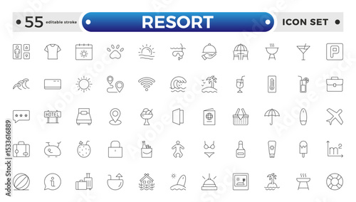 Resort Hotel web icons in outline style. Wellness, beach, tourism, hotel, passport, maps, spa, landscape, camera. Icon collection. Editable stroke outline icon.
