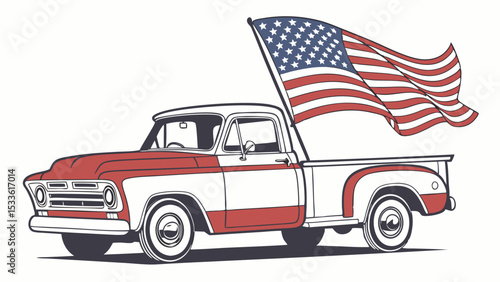 Vintage pickup truck with red and white paint job and american flag waving in the back of the truck bed