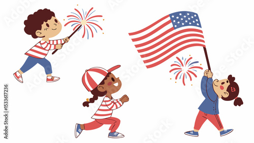 Three children celebrating with american flag and fireworks in a patriotic display of independence day fun