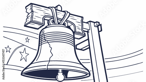 Illustration of the liberty bell with a visible crack and stars in the background on white surface