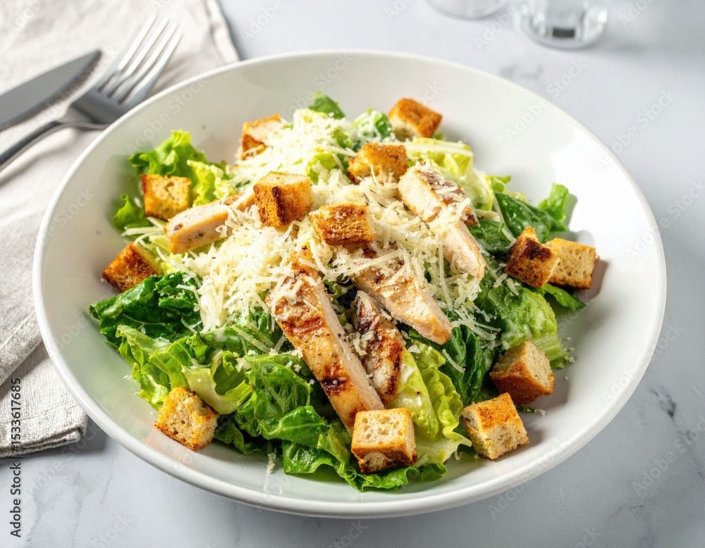 Grilled Chicken Caesar Salad On A White Plate Grilled Chicken Caesar Salad On A White Plate