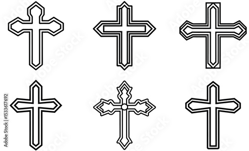 Six Black and White Outlined Crosses with Varying Designs on a White Background