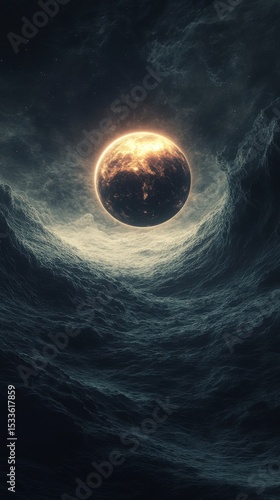 Fiery planet over dark cosmic ocean waves