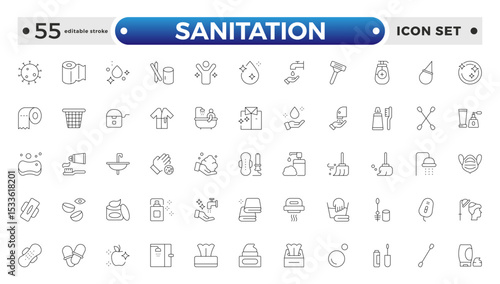 Sanitation web icon collection. Includes thin line men, sponge, hand, cleaning, dust, wash, and more. Outline icon collection. Editable stroke outline icon.

