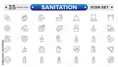 Sanitation web icon collection. Includes thin line men, sponge, hand, cleaning, dust, wash, and more. Outline icon collection. Editable stroke outline icon.
