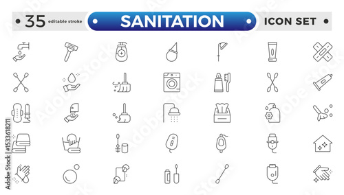 Sanitation web icon collection. Includes thin line men, sponge, hand, cleaning, dust, wash, and more. Outline icon collection. Editable stroke outline icon.
