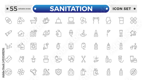 Sanitation web icon collection. Includes thin line men, sponge, hand, cleaning, dust, wash, and more. Outline icon collection. Editable stroke outline icon.
