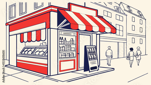 Illustration of a corner store with red and white awning and people walking on the sidewalk scene view