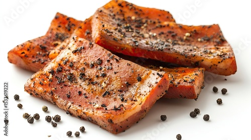 Crispy bacon or Guanciale slices with black pepper seasoning, isolated on white background, perfect for Italian cuisine.