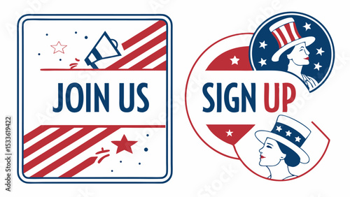 Illustration of join us and sign up badges with patriotic theme featuring stripes, stars, and a woman